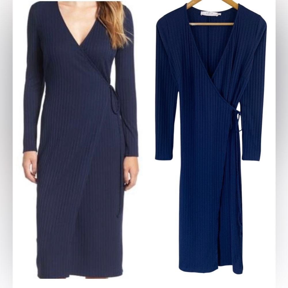 ASTR The Label Navy Blue Ribbed Wrap Dress Size Small